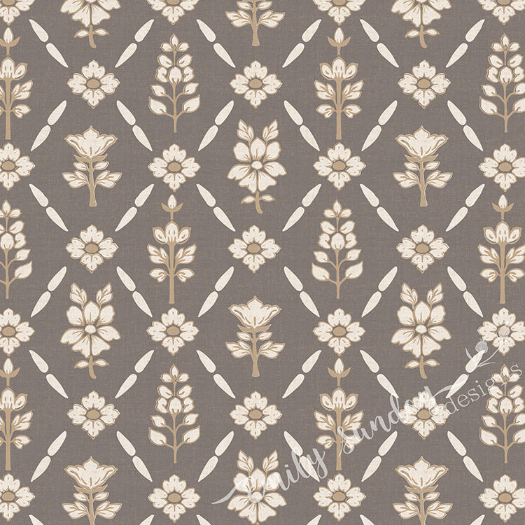 Vintage Floral Argyle Taupe peel and stick wallpaper pattern swatch